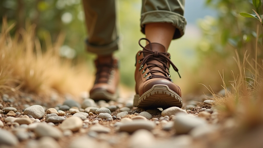 Particolare ravvicinato dei piedi in scarpe da trekking su sentiero di pietra naturale, superficie rocciosa irregolare ma percorribile