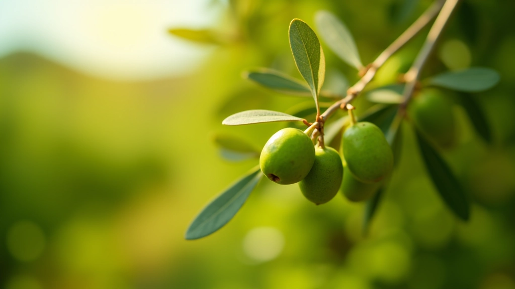 Dettaglio ravvicinato di rami di ulivo maturo con foglie grigio-verde, olive nere in crescita, texture naturale della corteccia