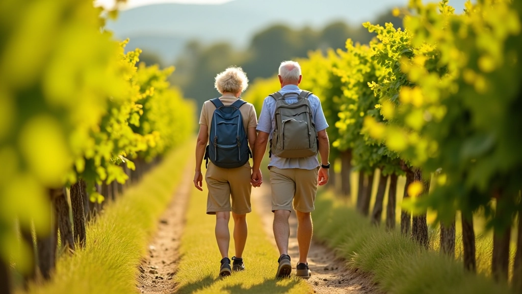 Uomo e donna che camminano insieme tra filari di viti verdi, sole pomeridiano, sentiero ampio e ben mantenuto