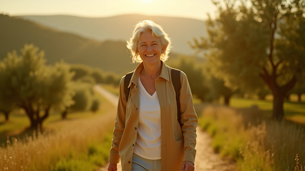 Anziana coppia che cammina su un sentiero tra gli uliveti toscani, sorridenti, con vista sulle colline