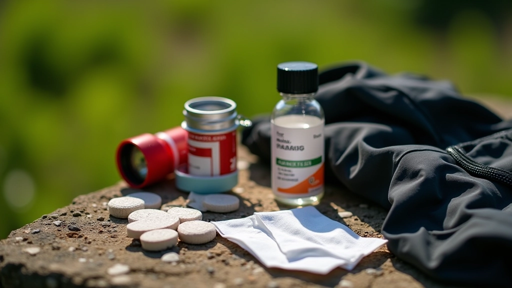 Kit di primo soccorso compatto con cerotti, garza, disinfettante, accanto a torcia frontale LED e giacca da trekking ripiegata su sfondo naturale
