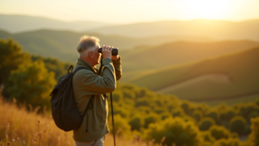 Escursionista che osserva il paesaggio attraverso binocoli da escursionismo su collina con vista sui vigneti toscani