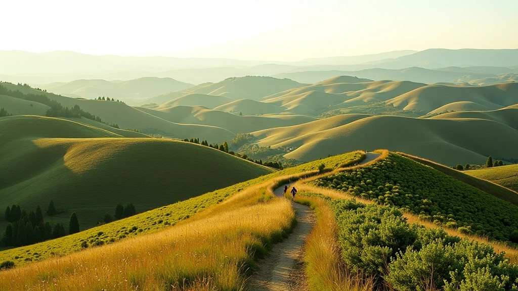 Vista panoramica di colline toscane coperte di vigneti e uliveti, sentiero che si snoda dolcemente attraverso il paesaggio, colori verdi e marroni naturali