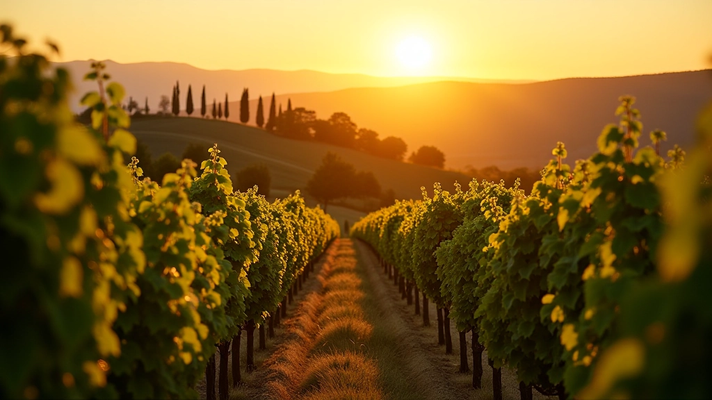 Vigneto toscano tradizionale con filari ben allineati, uva verde ancora in crescita, paesaggio collinare
