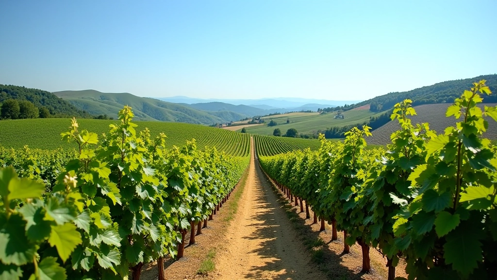 Vigneto biologico con filari ordinati, colline toscane sullo sfondo, cielo azzurro, paesaggio rurale toscano tipico